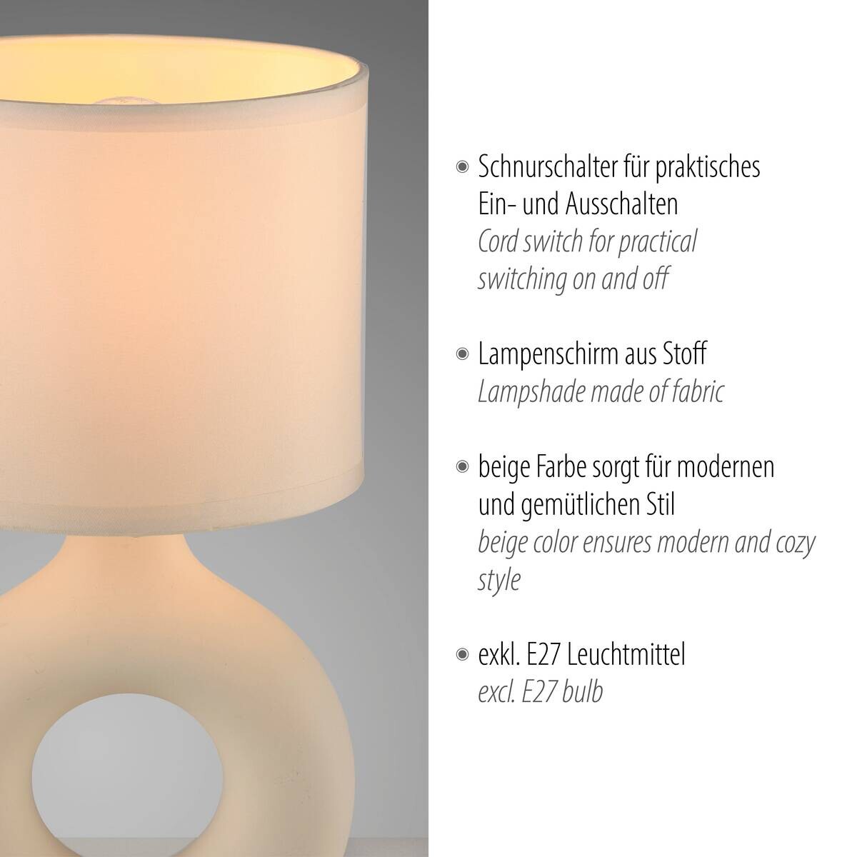 Just Light Tischleuchte Carara beige Stoff Keramik H/L/D: ca. 30x16x16 cm null 1 Brennstellen