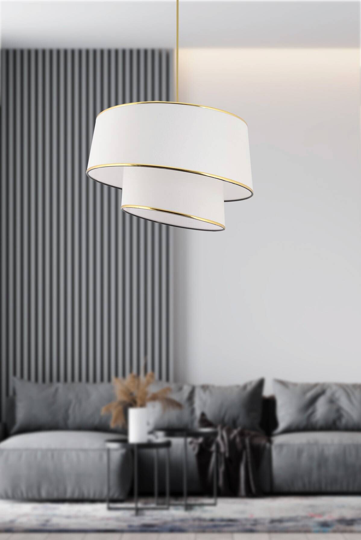 Opviq Pendelleuchte Barette gold weiß Metall Stoff B/H/L: ca. 32x70x32 cm E27 1 Brennstellen