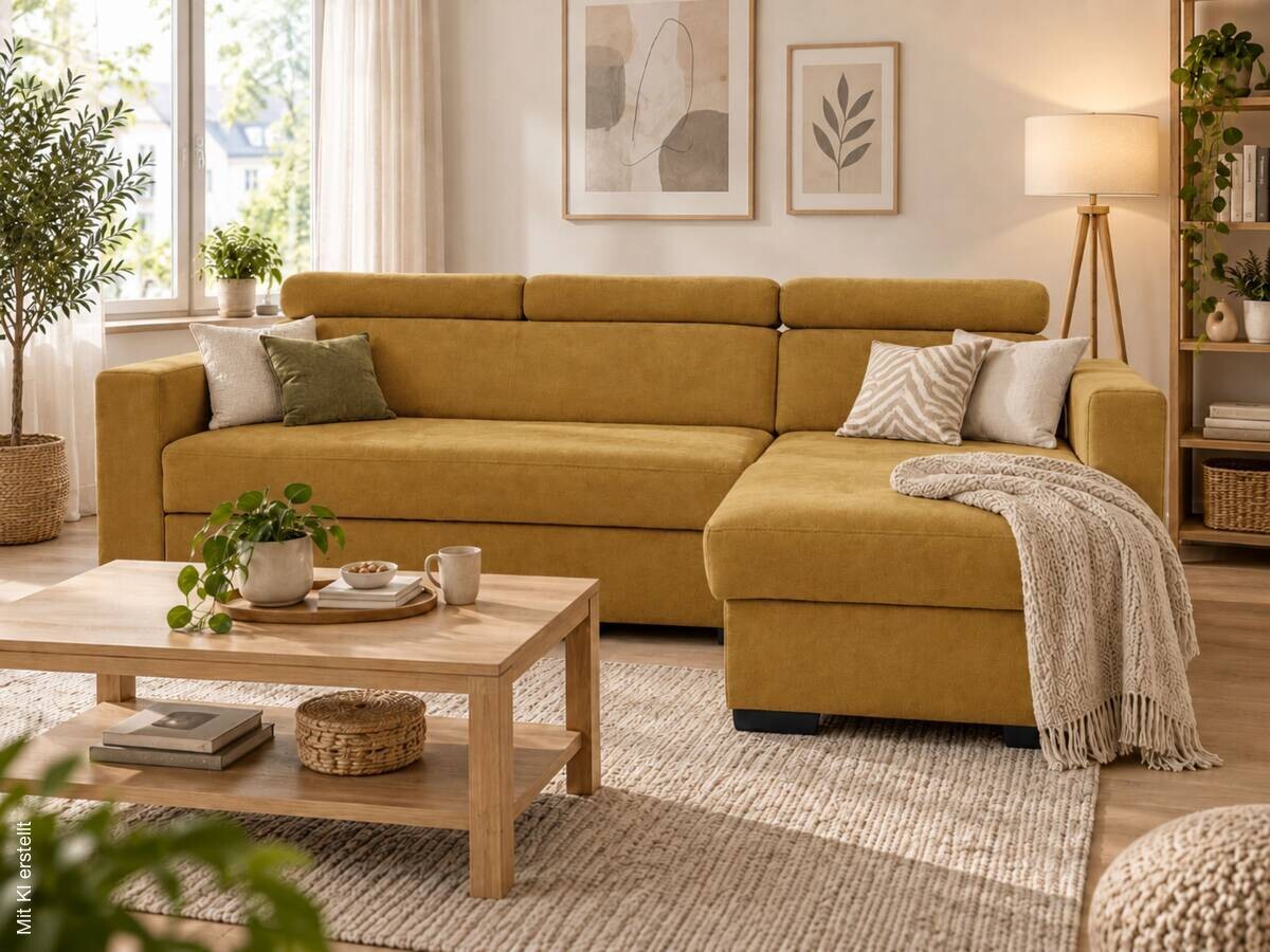 Ecksofa mit Bettfunktion und Bettkasten gelb Microfaser B/T: ca. 238x170 cm