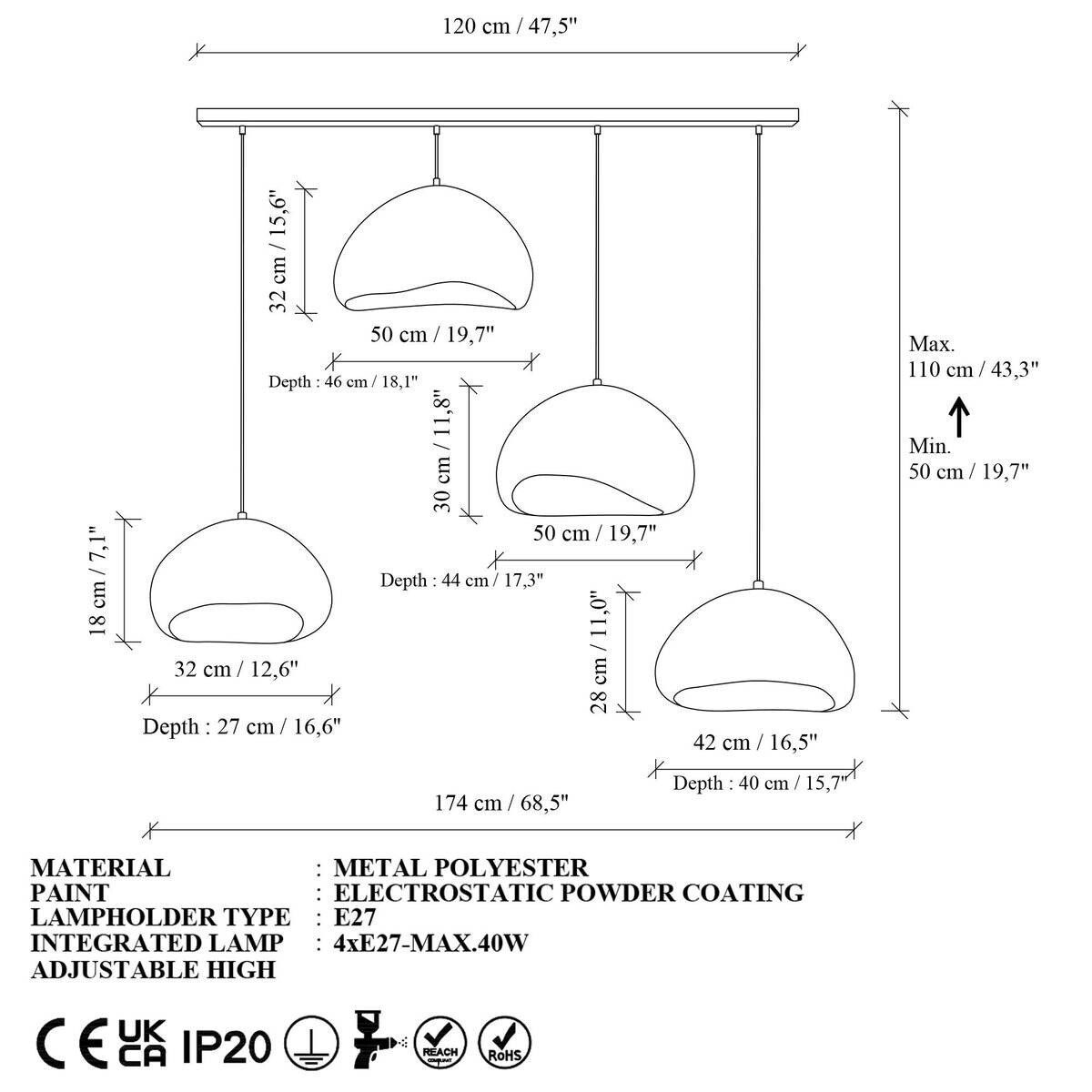 Opviq Pendelleuchte weiß Metall Fiberglas B/H/T/L: ca. 174x115x46x174 cm E27 4 Brennstellen