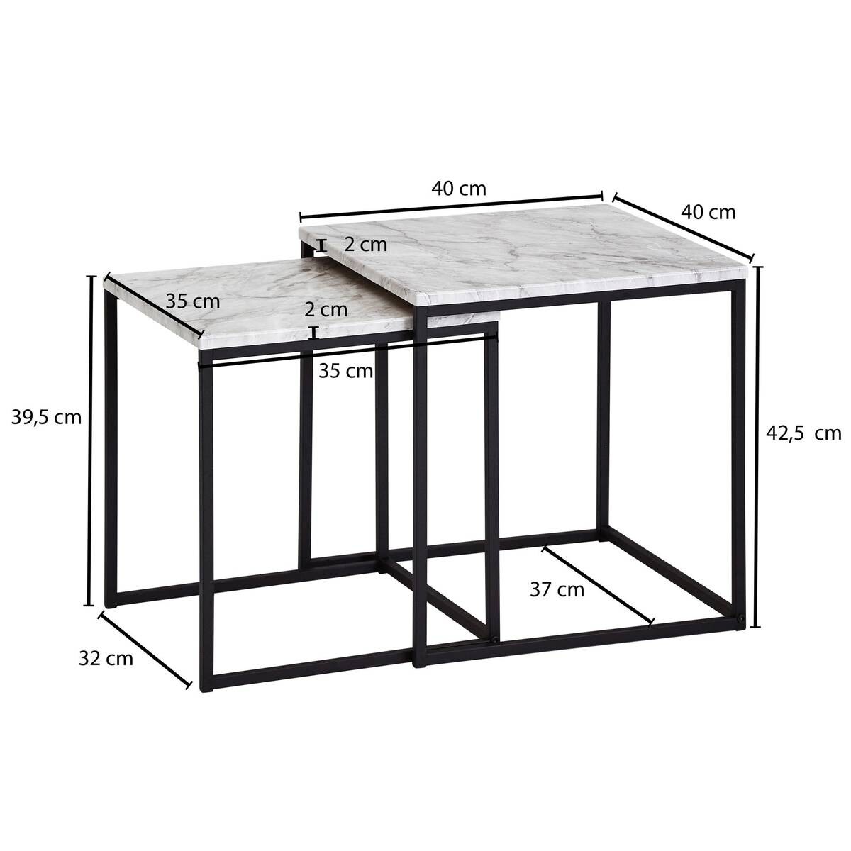 Beistelltisch 2er-Set. weiß Marmor Optik schwarz pulverbeschichtet MDF Stahl
