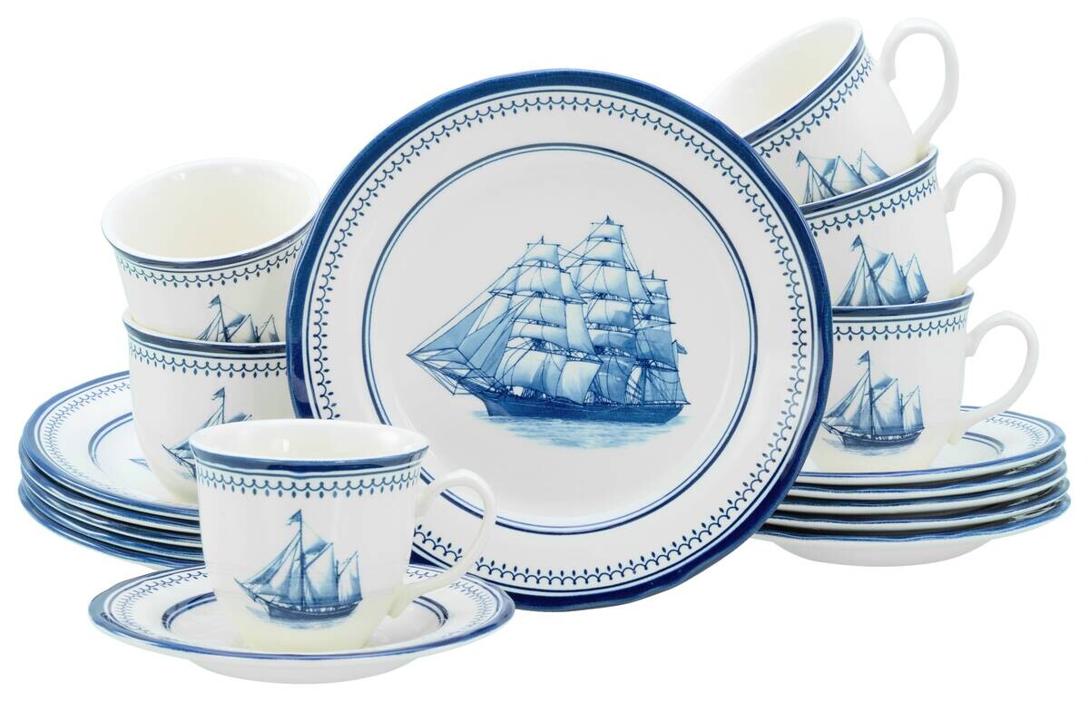 CreaTable Kaffeeservice Segelschiff blau Steingut 18 tlg.
