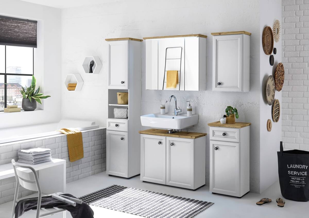 Waschbeckenunterschrank Toskana weiß Eiche Artisan Nachbildung B/H/T: ca. 84x67x32 cm