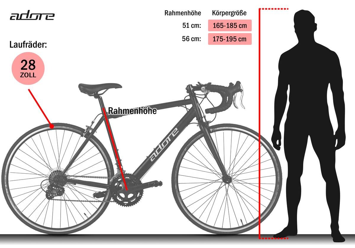 Adore Rennrad Racer 28 Zoll Rahmenhöhe 51 cm 14 Gänge schwarz schwarz ca. 28 Zoll