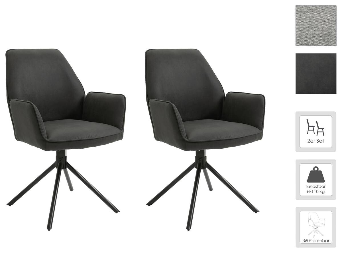 Stuhl BLAIR 2er-Set anthrazit Vintage schwarz Stoff Metall B/H/T: ca. 57x89x61 cm