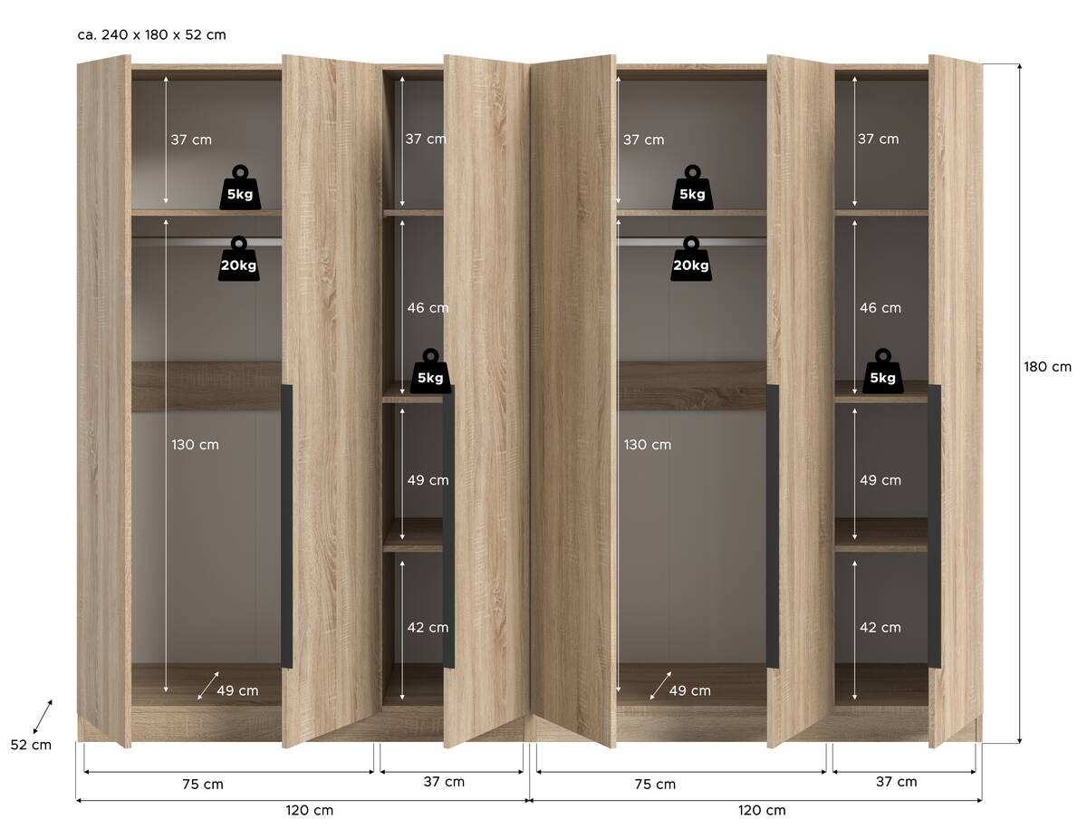 Kleiderschrank KOPENHAGEN Eiche Sonoma Nachbildung B/H/T: ca. 240x181x52 cm