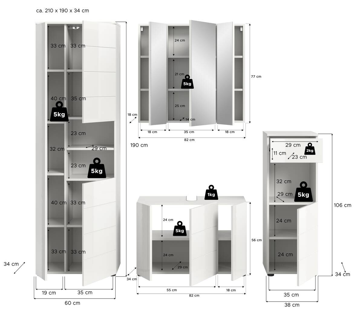 Badezimmer-Set VIRA weiß weiß Hochglanz B/H/T: ca. 210x190x34 cm