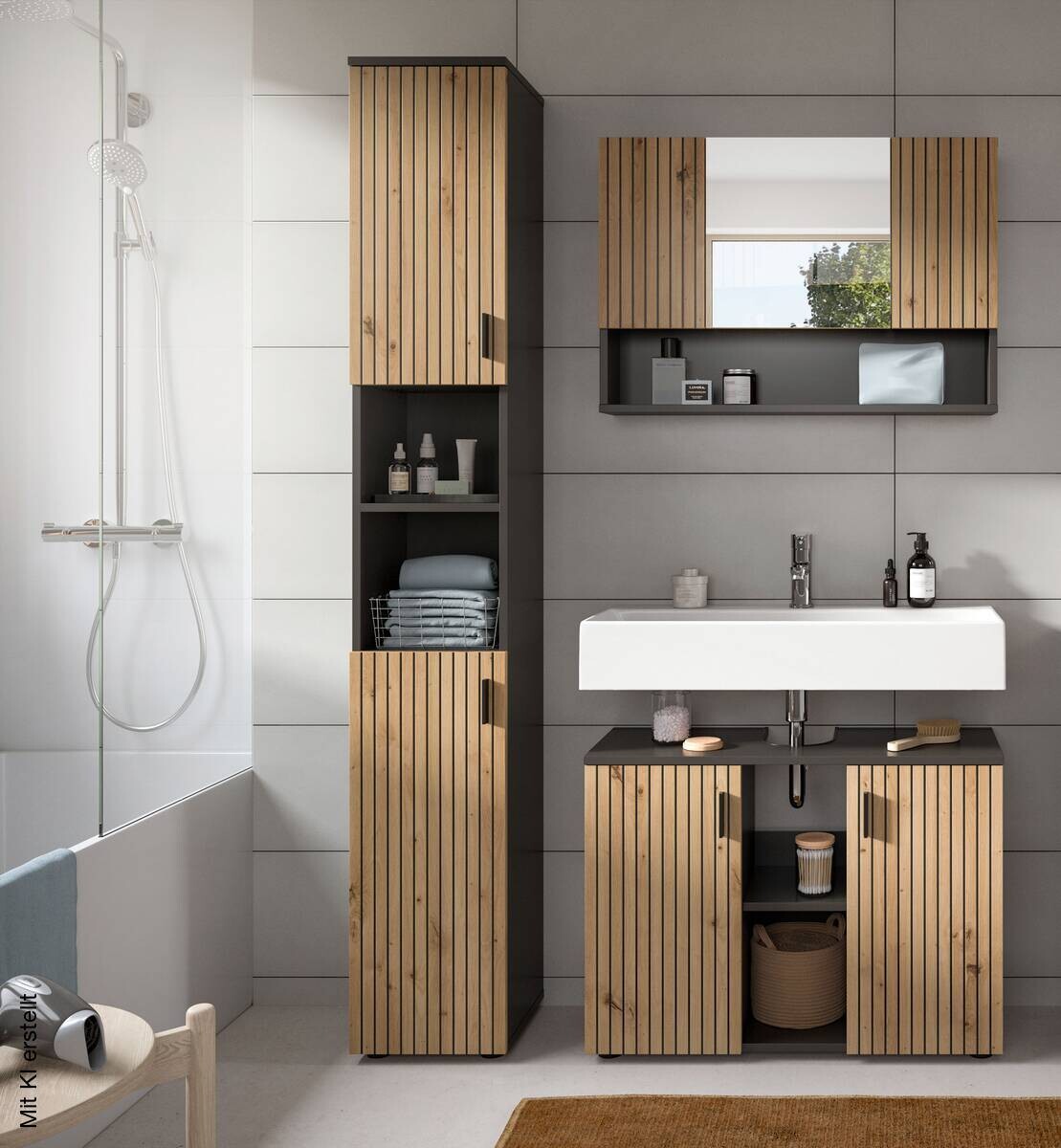 Badezimmer-Set Mone Basalt Nachbildung Artisan Oak Nachbildung B/H/T: ca. 125x192x30 cm