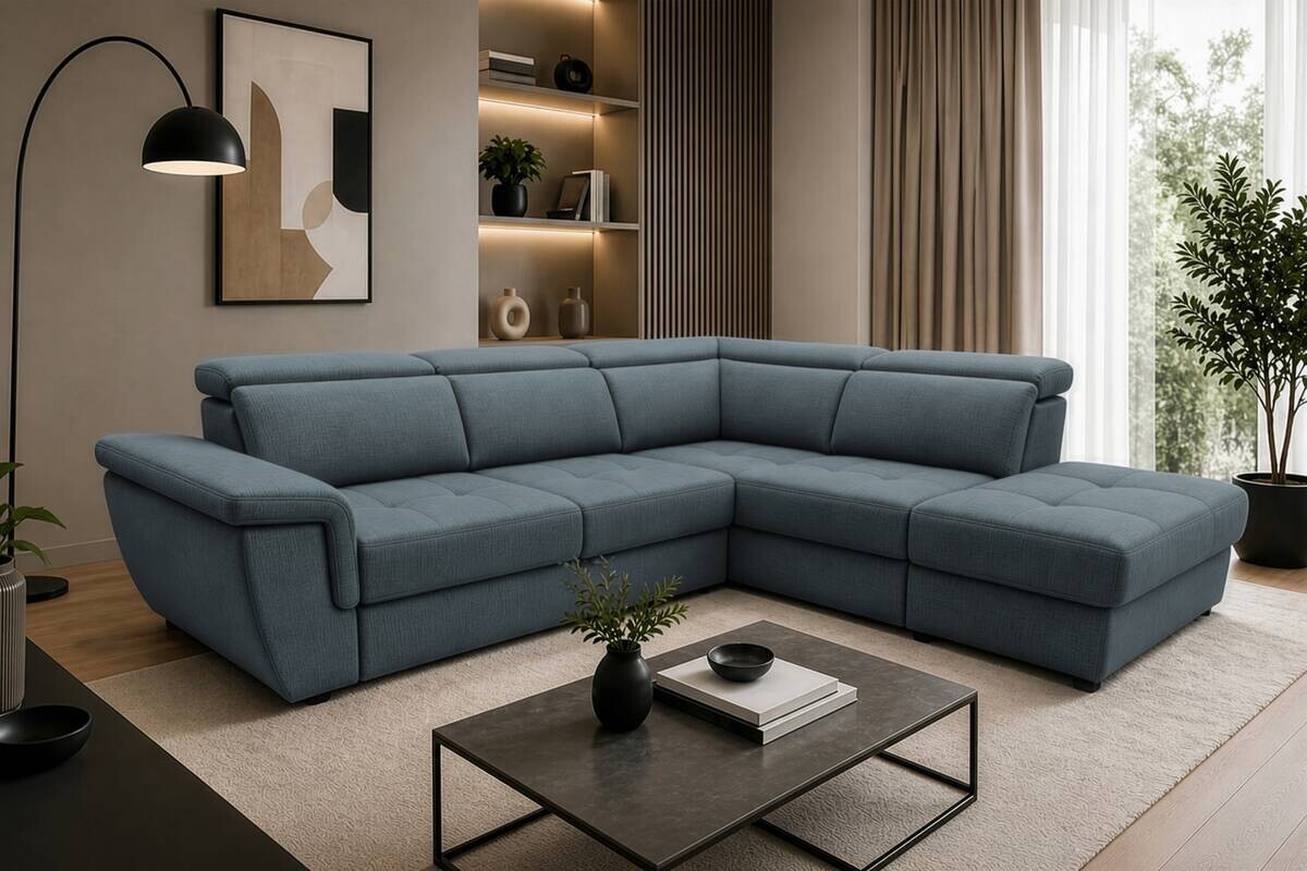 Ecksofa mit Bettfunktion und Bettkasten blaugrau Flachgewebe B/H/T: ca. 267x75x238 cm