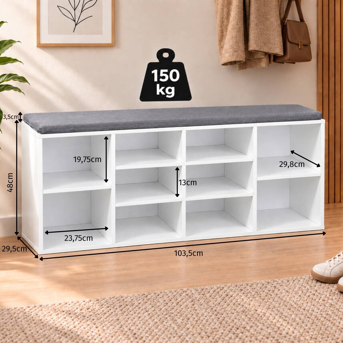 Kesper Schuhschrank mit Sitzkissen grau Textil B/H/L: ca. 29,5x48x1035 cm