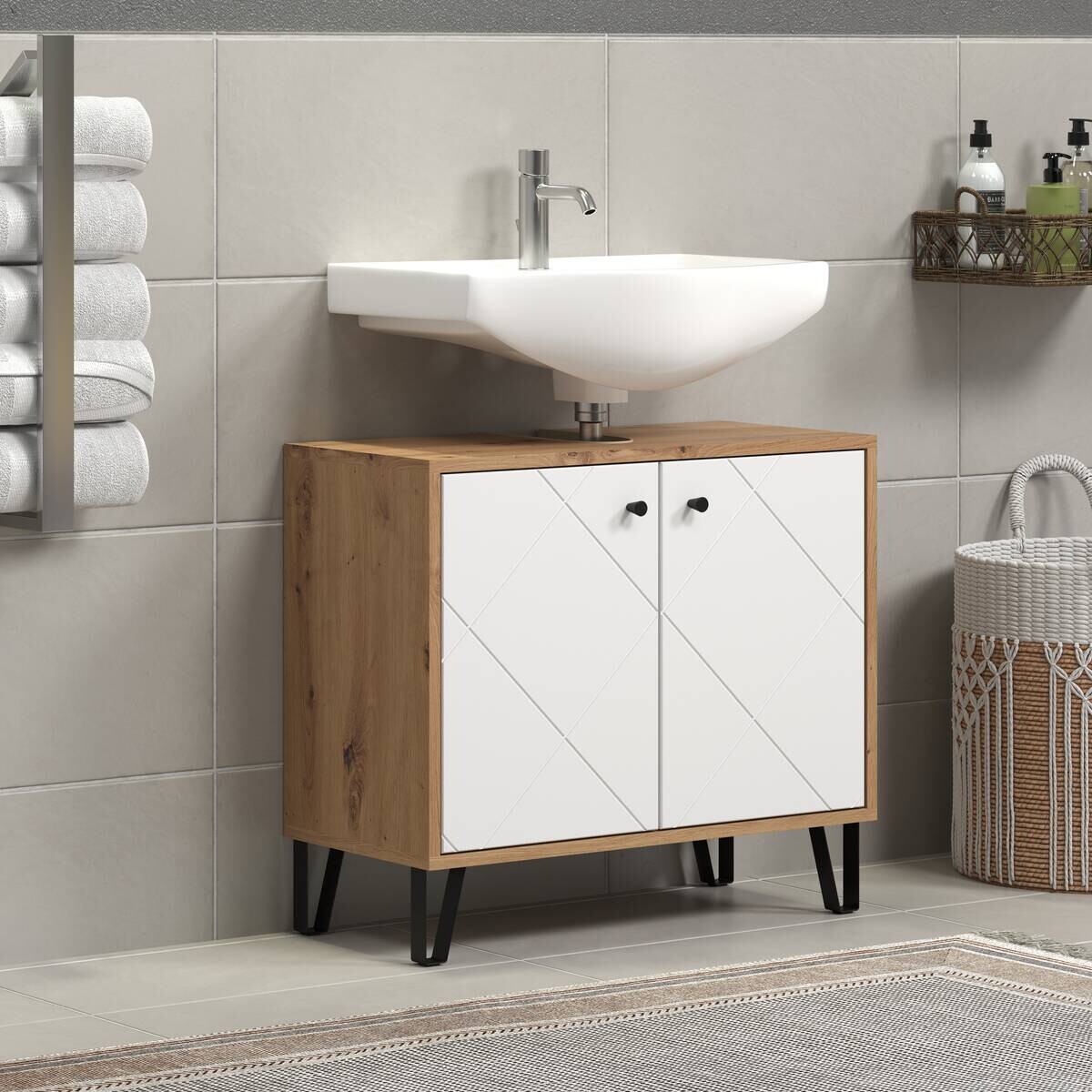 Waschbeckenunterschrank Touch Eiche Artisan Nachbildung weiß matt B/H/T: ca. 69x61x32 cm