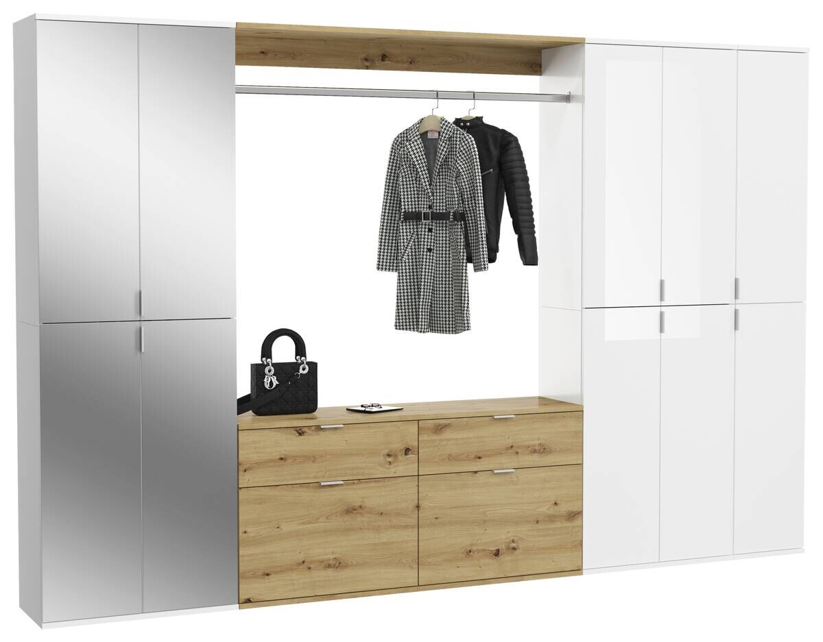 Garderobe PROJEKT Eiche Artisan Nachbildung weiß Hochglanz Spiegel B/H/T: ca. 273x193x34 cm