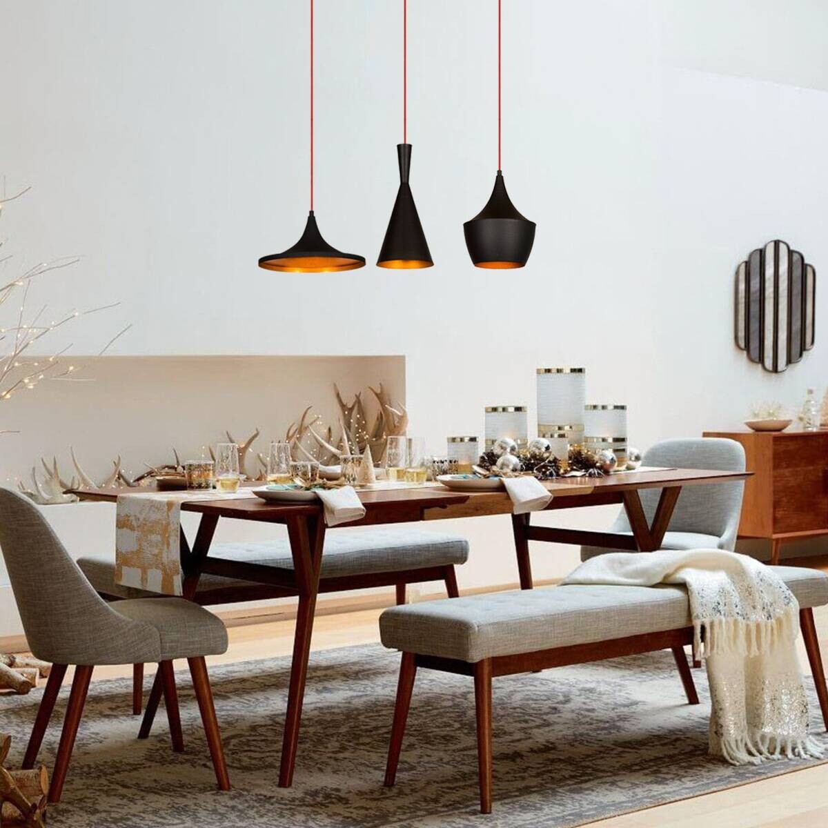 Opviq Pendelleuchte Elmas gold schwarz Metall B/H/T/L/D: ca. 80x130x80x80x80 cm E27 3 Brennstellen