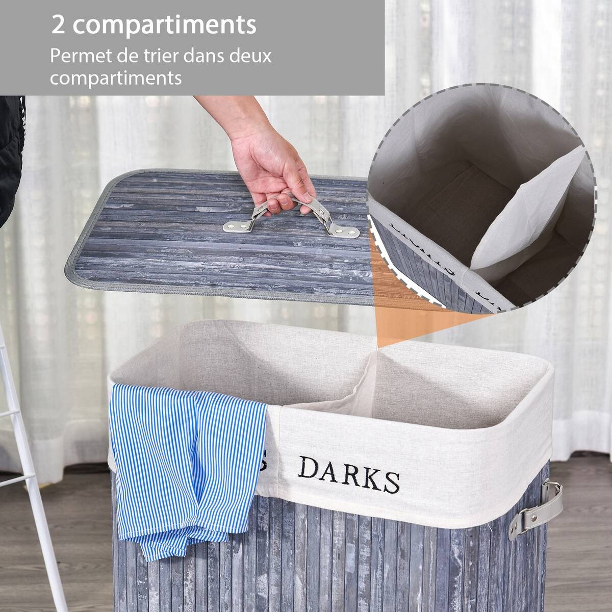 HOMCOM Wäschekorb mit 2 Tragegriffen grau Bambus Kunststoff B/H/L: ca. 32x63x52 cm