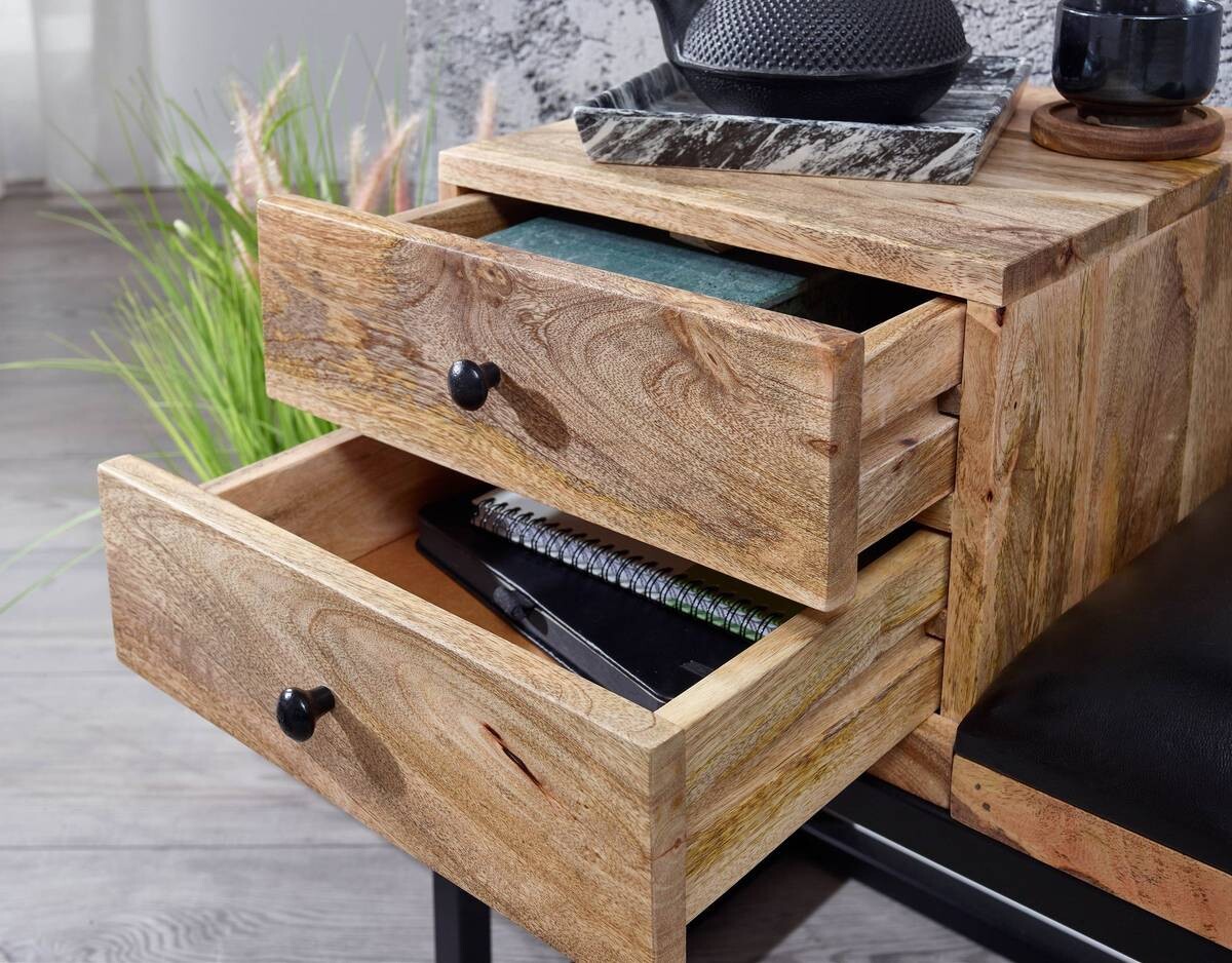 Wohnling Sitzbank natur schwarz schwarz Echtholz Leder Eisen B/H/T: ca. 100x60x35 cm