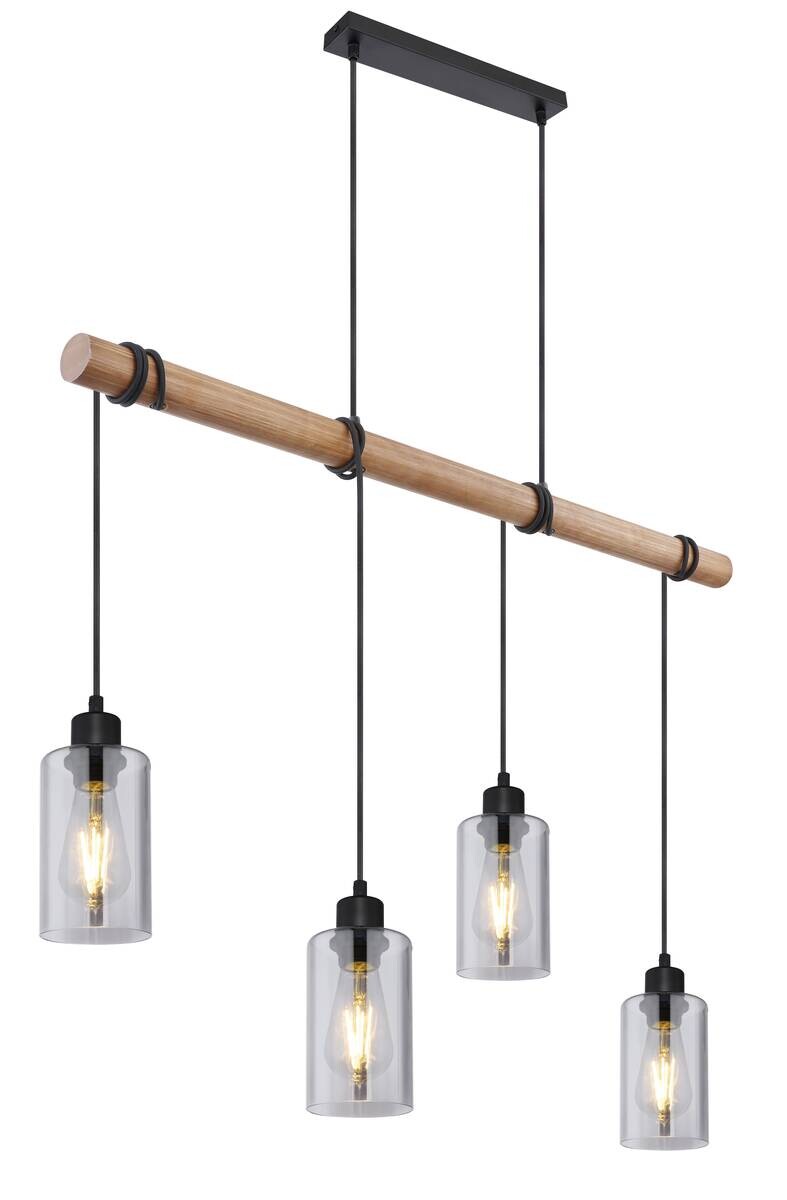 GLOBO Pendelleuchte Hadera schwarz natur Metall Holz Rauchglas B/H/T: ca. 98x130x15 cm E27 4 Brennstellen