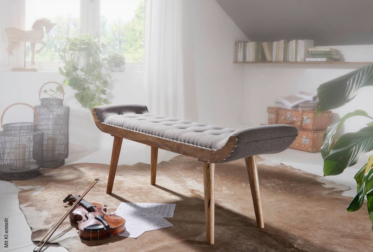 Wohnling Sitzbank grau natur Stoff Echtholz B/H/T: ca. 125x51x38 cm