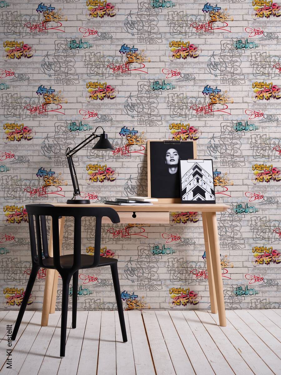 Papiertapete Graffiti Steinmauer weiß bunt B/L: ca. 53x1005 cm