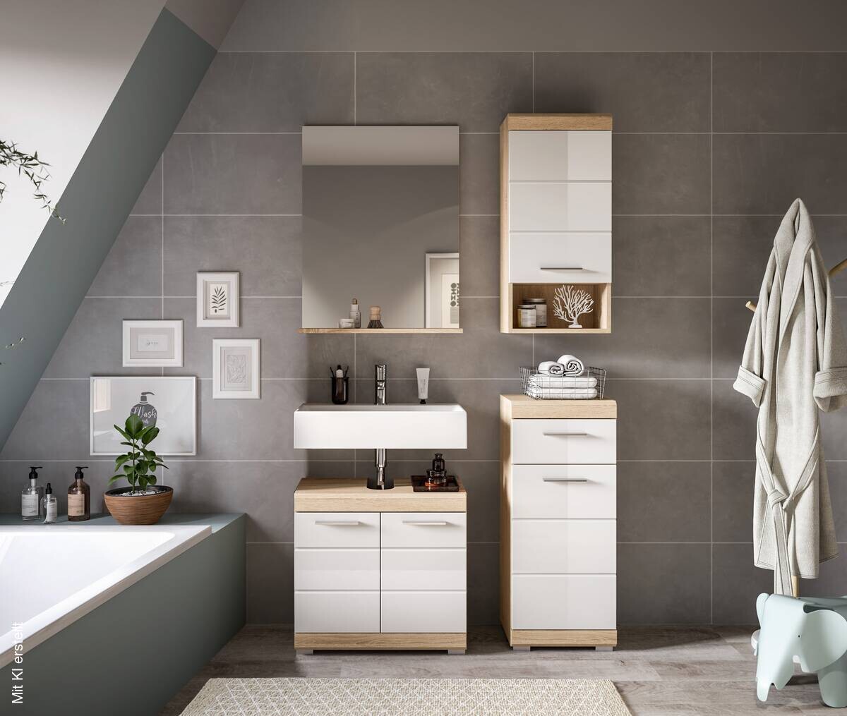 Badezimmer-Set Lambada Eiche Sonoma Nachbildung weiß Hochglanz B/H/T: ca. 112x191x34 cm