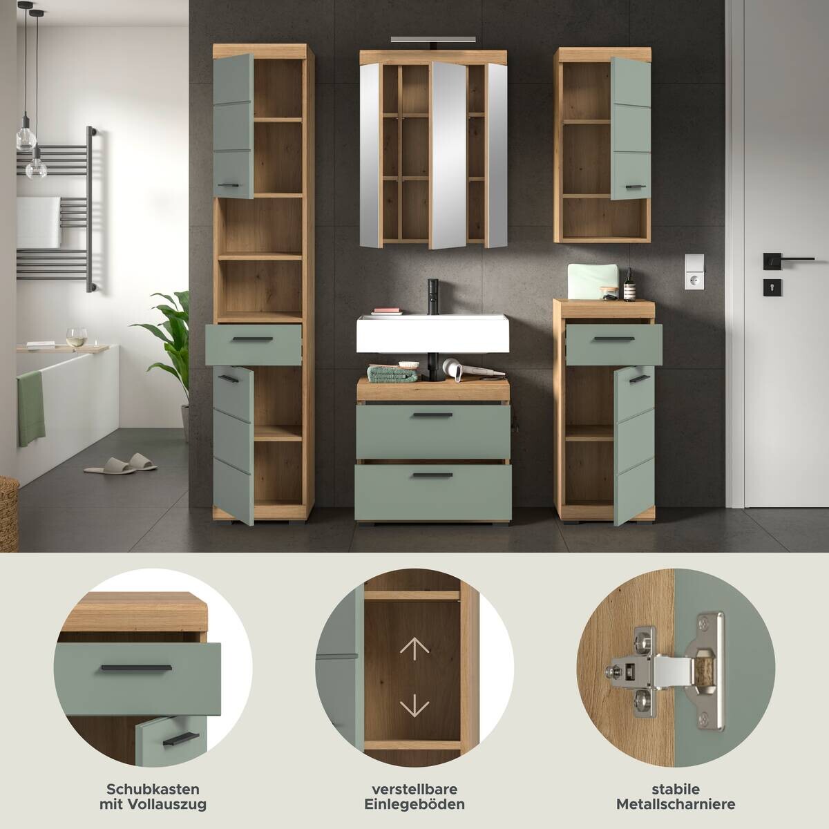 Badezimmer-Set Scout Eiche Artisan Nachbildung salbei Nachbildung B/H/T: ca. 164x191x37 cm