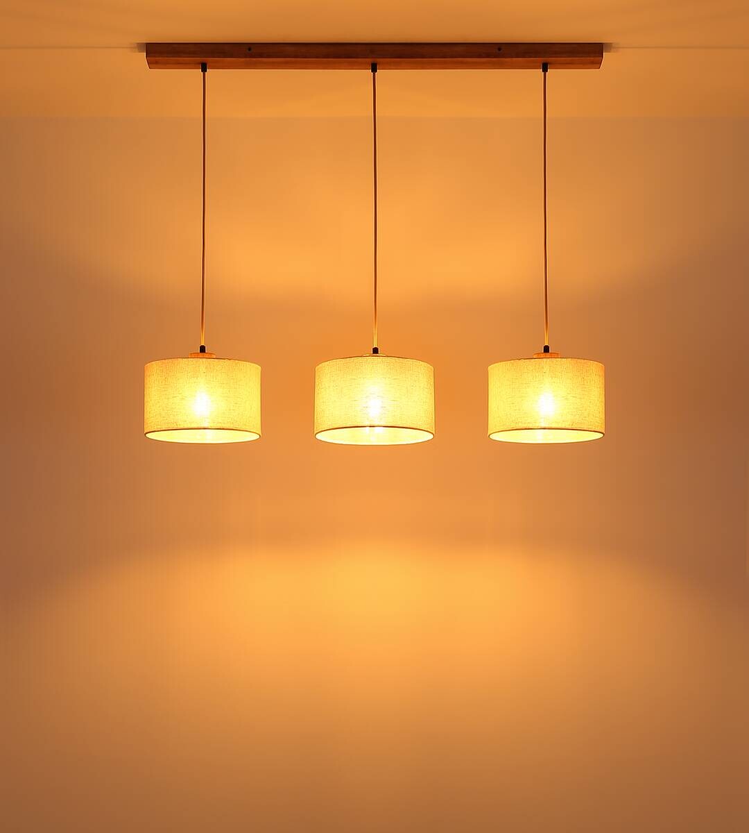 GLOBO Pendelleuchte Jule braun Holz Leinen B/H/L: ca. 25x120x100 cm E27 3 Brennstellen