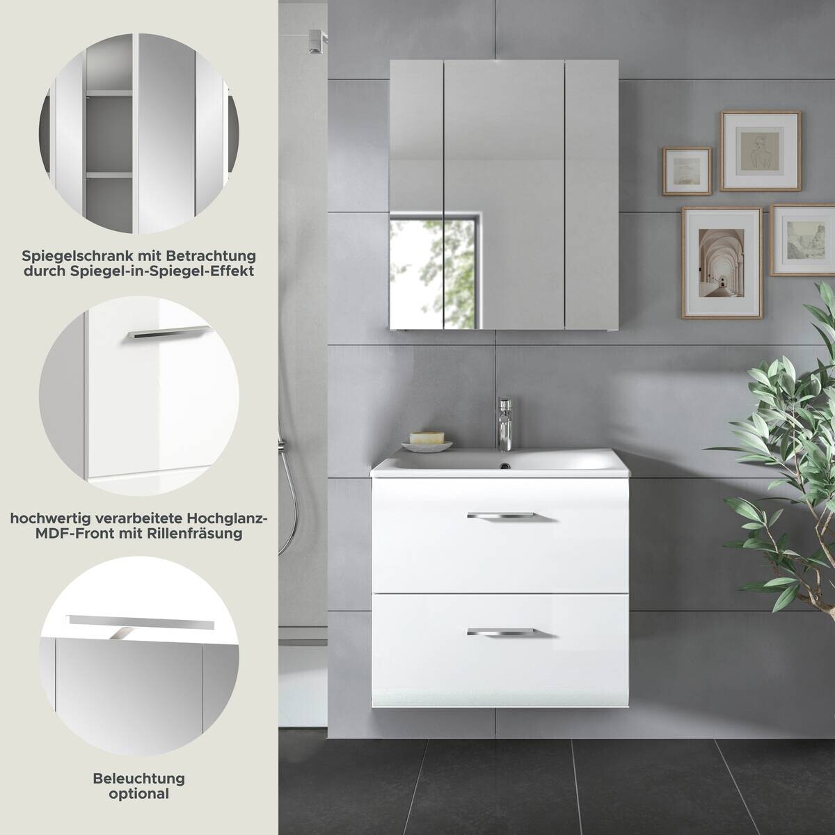 Badezimmer-Set Ice weiß weiß Hochglanz B/H/T: ca. 60x185x46 cm