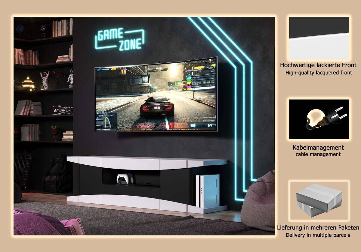 TV-Lowboard LevelUp Gaming weiß Lack matt schwarz Lack matt B/H/T: ca. 180x54x42 cm