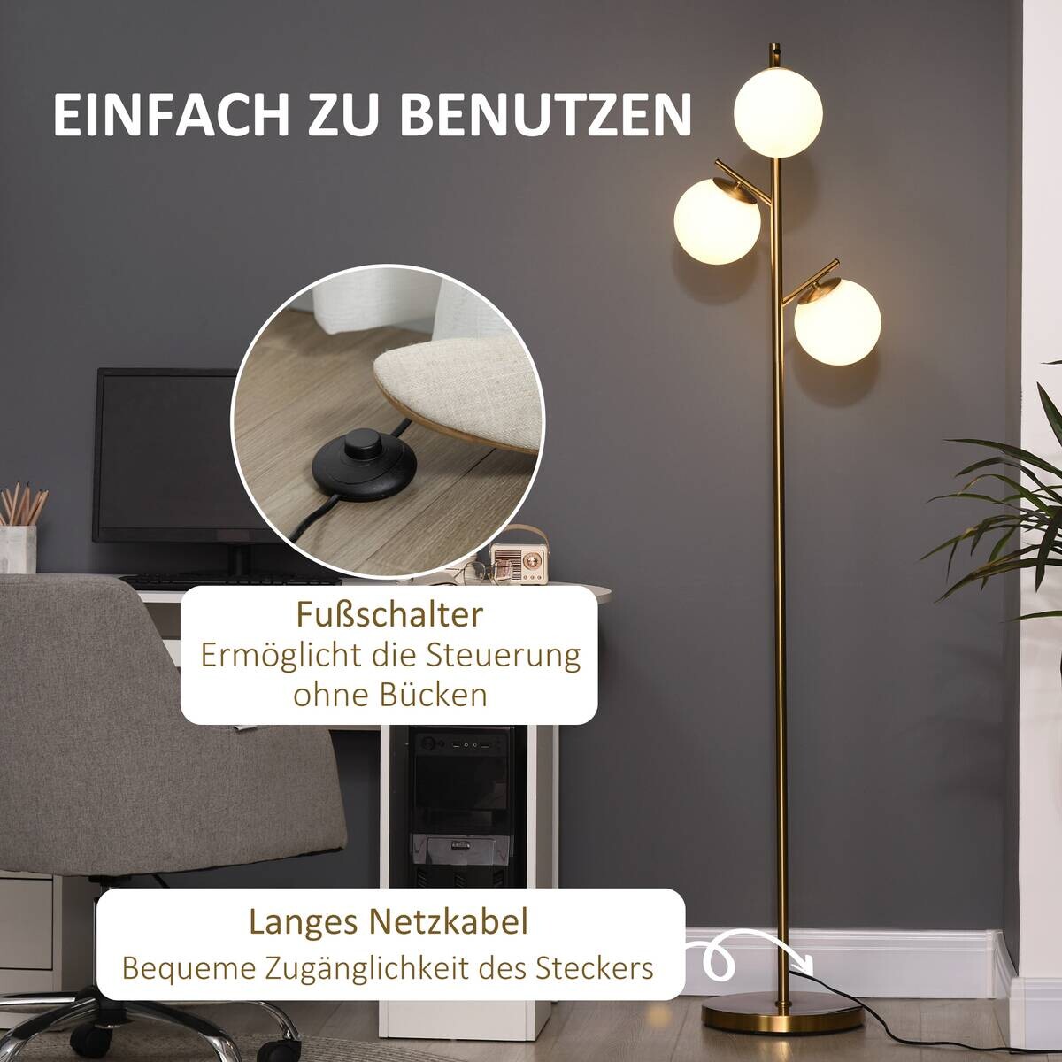 HOMCOM Stehleuchte gold Glas Metall B/H/L: ca. 27x169x27 cm E27 3 Brennstellen