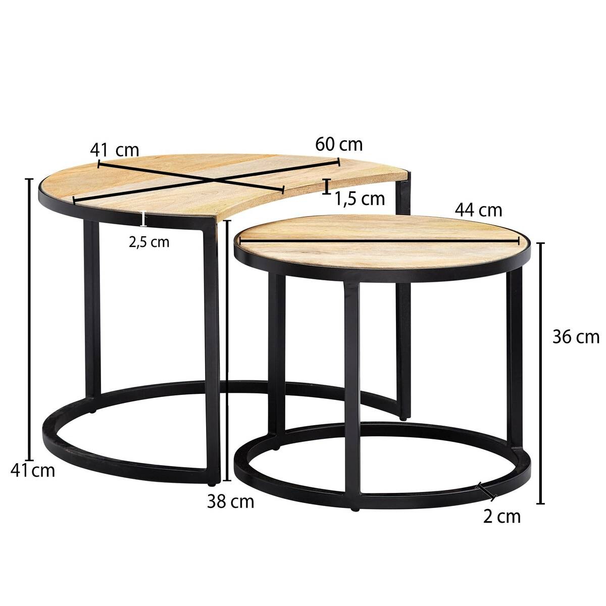 Beistelltisch 2er-Set. natur schwarz pulverbeschichtet Echtholz Eisen
