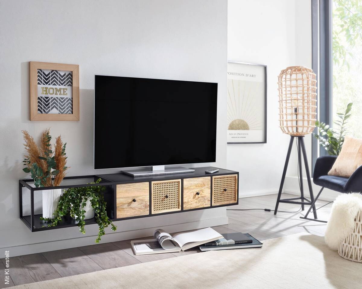 TV-Bank schwarz pulverbeschichtet natur Eisen Echtholz B/H/T: ca. 150x25x35 cm