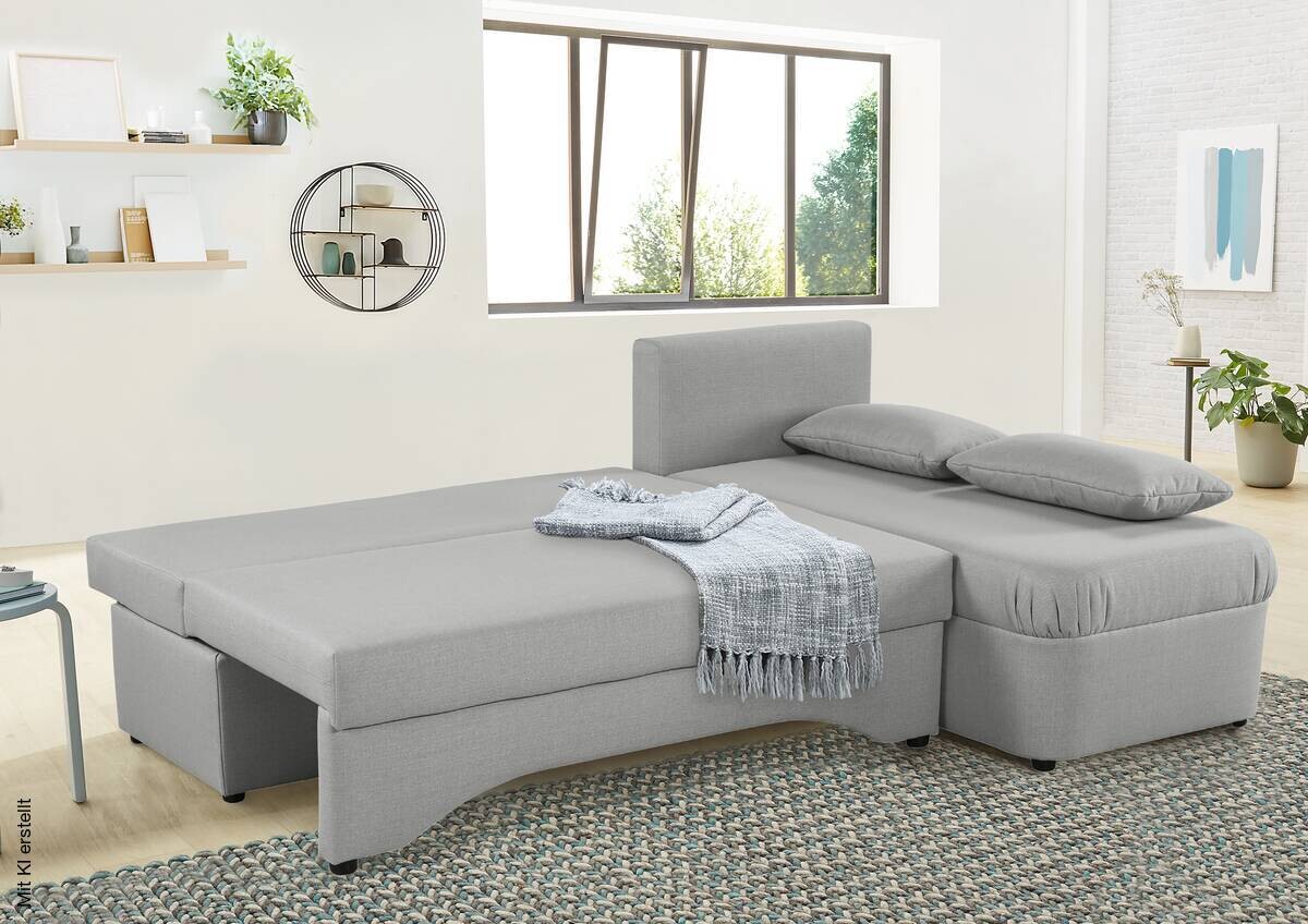 Ecksofa mit Bettfunktion und Bettkasten hellgrau Flachgewebe B/H/T: ca. 191x70x142 cm