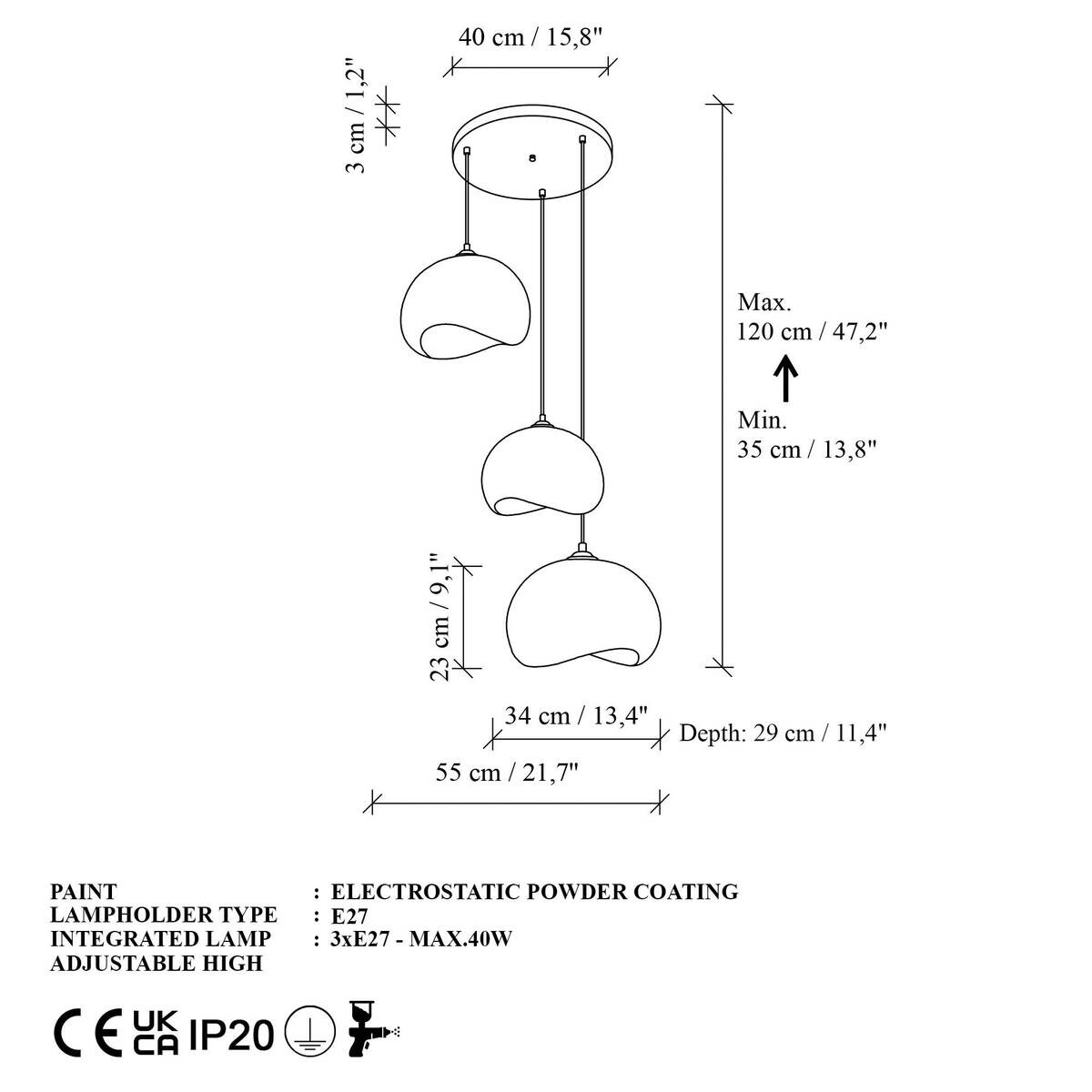 Opviq Pendelleuchte Yontu-15853 weiß Polyester-Mischgewebe Metall B/H/L: ca. 29x120x34 cm E27 3 Brennstellen