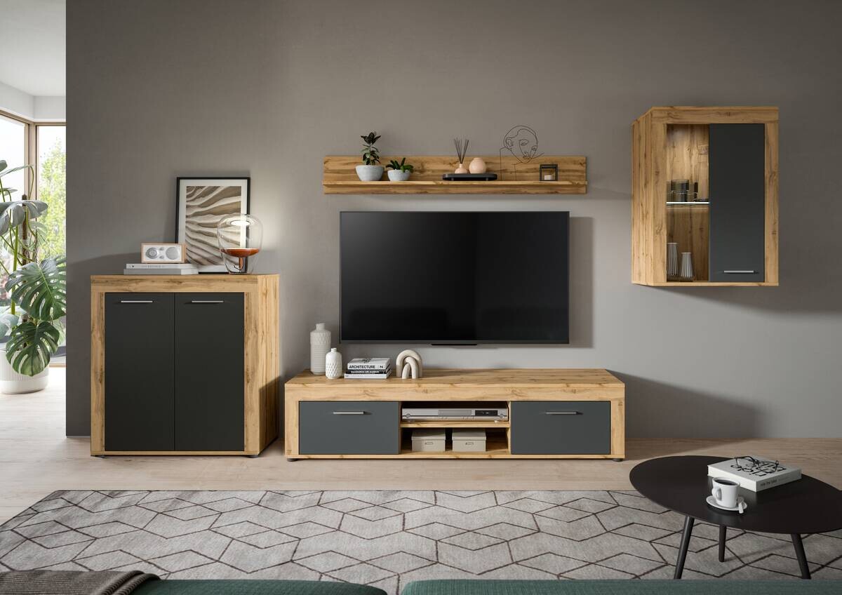 Wohnwand Jam Eiche Wotan Nachbildung grau B/H/T: ca. 330x169x35 cm