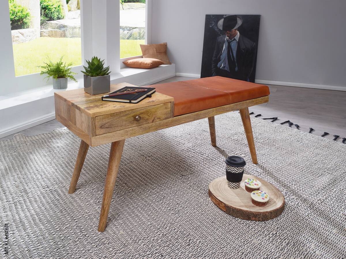 Wohnling Sitzbank natur braun Echtholz Leder B/H/T: ca. 100x52x38 cm