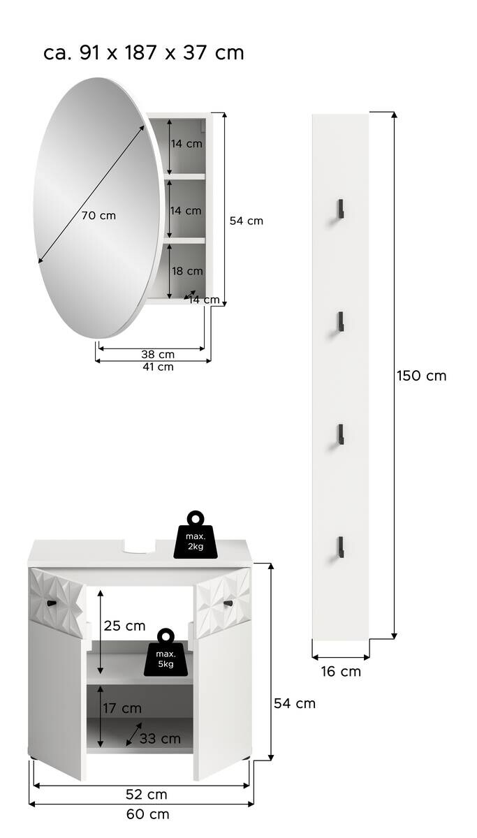 Badezimmer-Set Prisma weiß B/H/T: ca. 91x187x37 cm