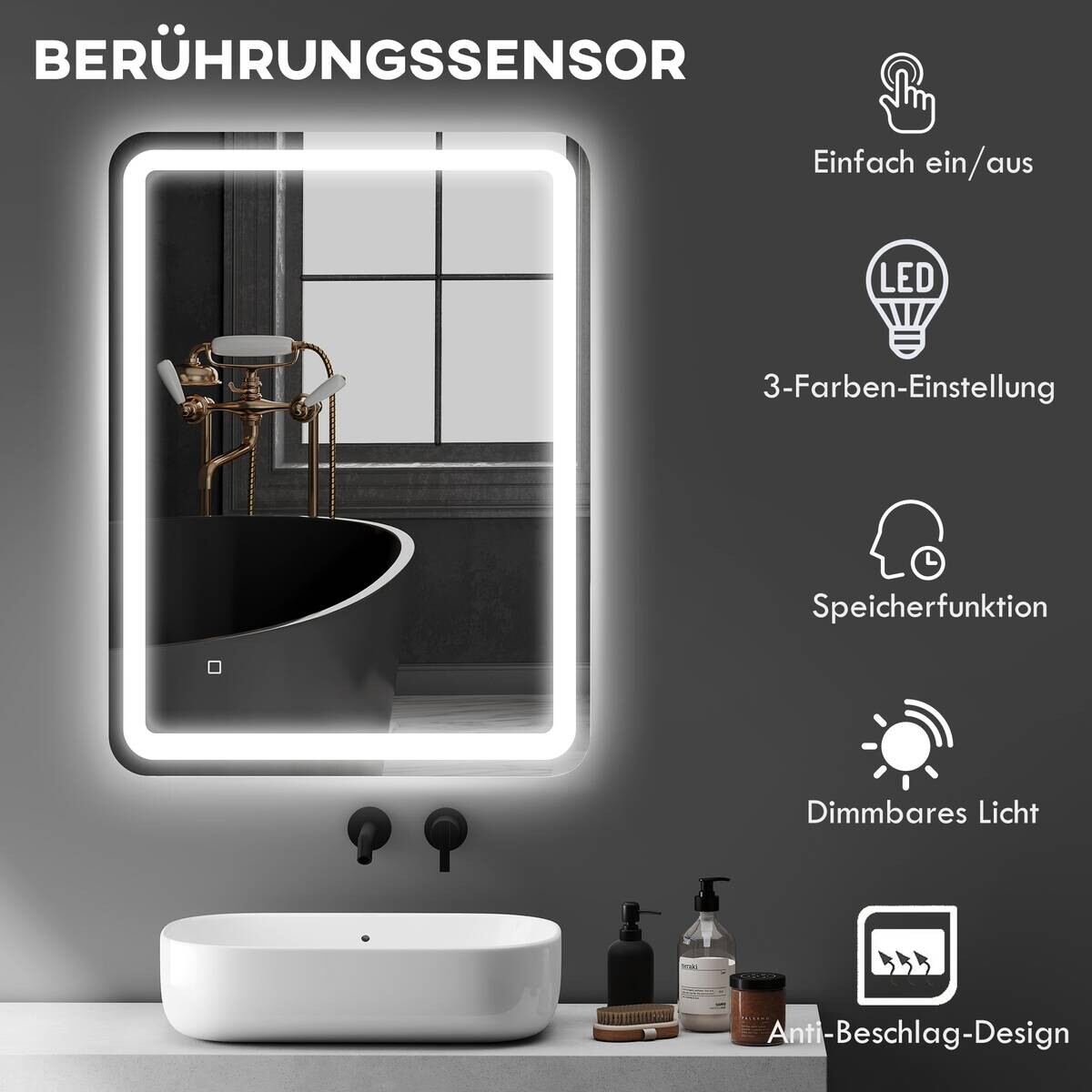 HOMCOM LED-Bad-Spiegel silber B/H/L: ca. 60x4x80 cm