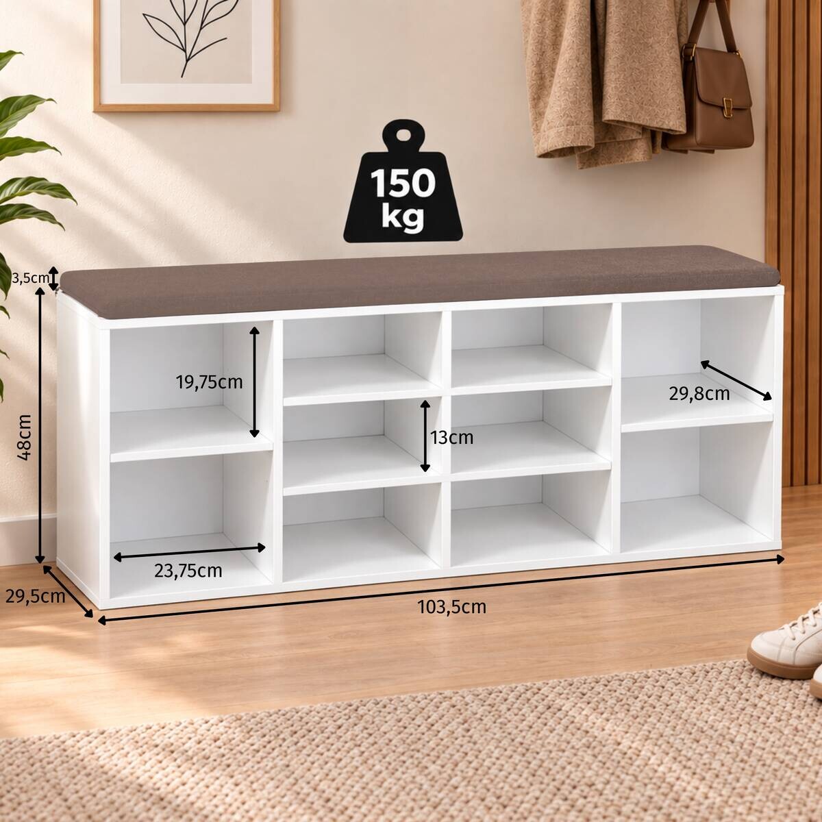 Kesper Schuhschrank mit Sitzkissen weiß Spanplatte B/H/L: ca. 29,5x48x103,5 cm