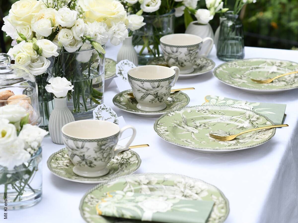 CreaTable Kaffeeservice Adelaide Grün weiß Porzellan 12 tlg