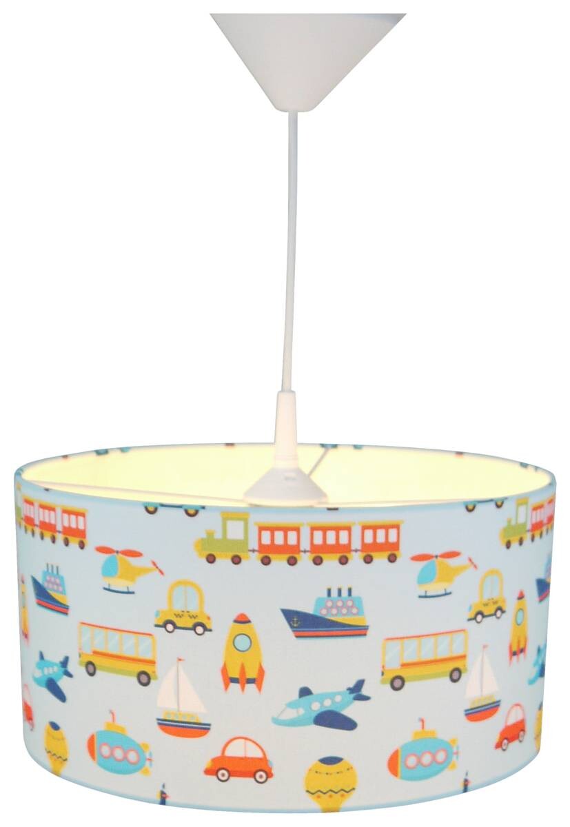 Niermann Pendelleuchte Fahrzeuge blau bunt Textil Metall D: ca. 35 cm E27 1 Brennstellen