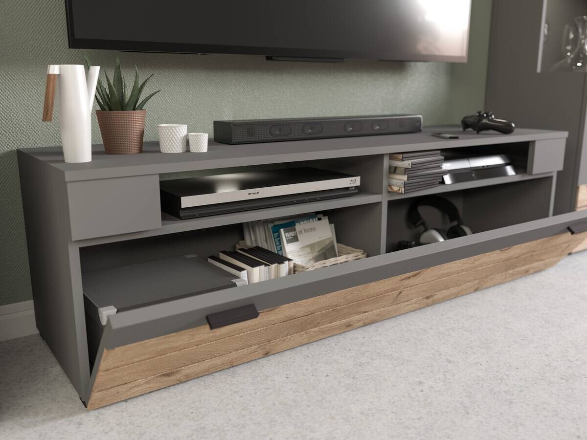 Wohnwand Freno grau matt Eiche Nox Oak Nachbildung B/H/T: ca. 290x194x40 cm