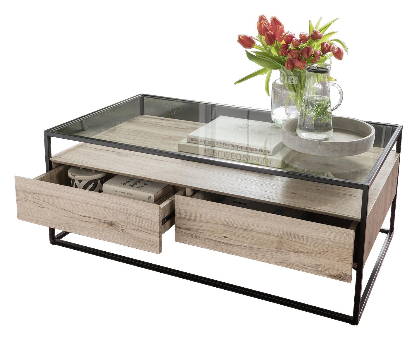 Couchtisch Bozen II glasklar Eiche Sonoma schwarz B/H/T: ca. 110x42x60 cm