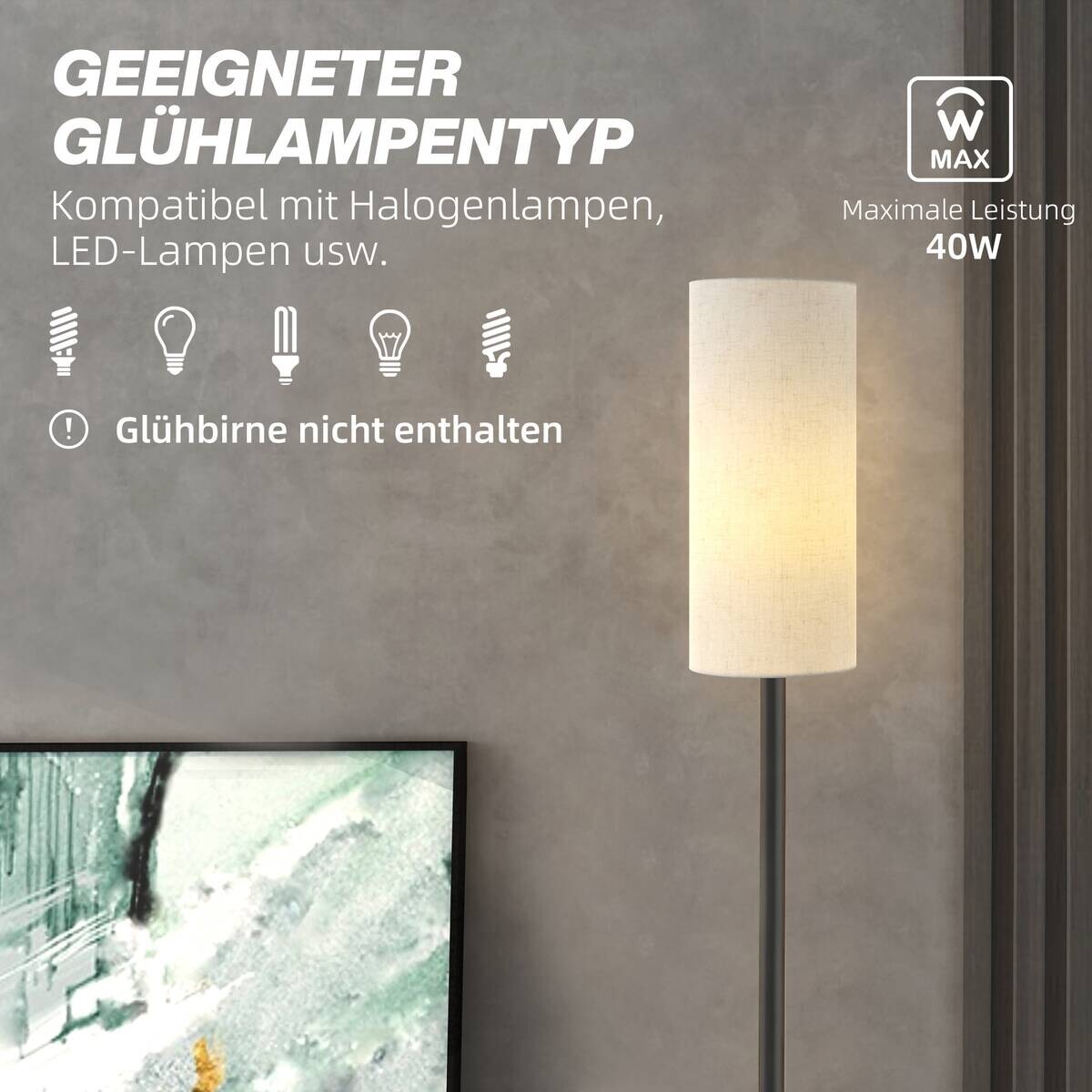 HOMCOM Stehleuchte schwarz weiß Polyester Metall B/H/L: ca. 22x163x22 cm E27 1 Brennstellen