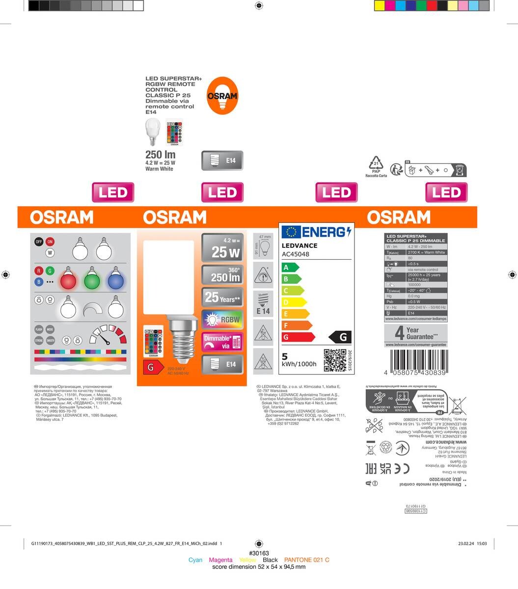 OSRAM LED-Leuchtmittel Tropfen RGBW mit Fernbedienung AC45048 E14