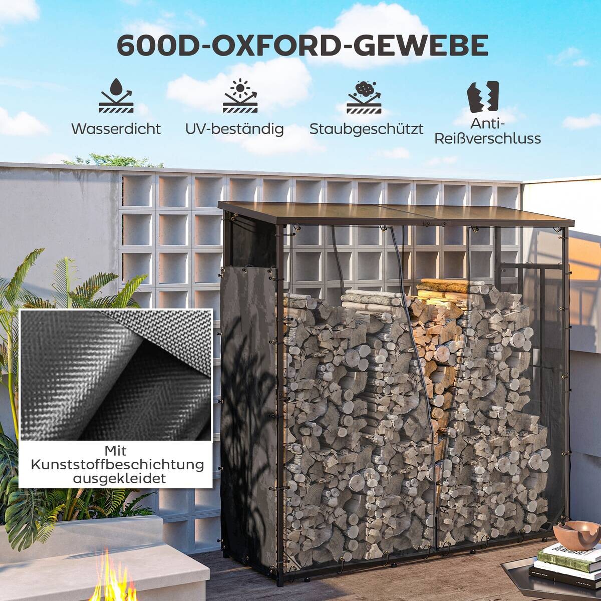 Outsunny Kaminholzregal Abdeckung schwarz Polyester B/H/L: ca. 62x0,1x148 cm