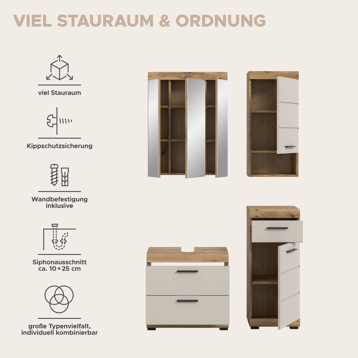 Badezimmer-Set Scout Evoke Oak Nachbildung Kaschmirgrau Nachbildung B/H/T: ca. 112x191x34 cm