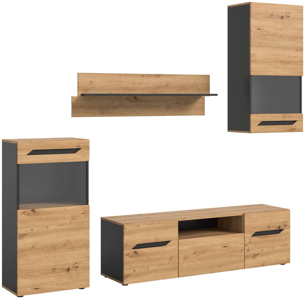 Wohnwand Caserta basaltgrau Nachbildung Artisan Oak Nachbildung B/H/T: ca. 253x196x40 cm