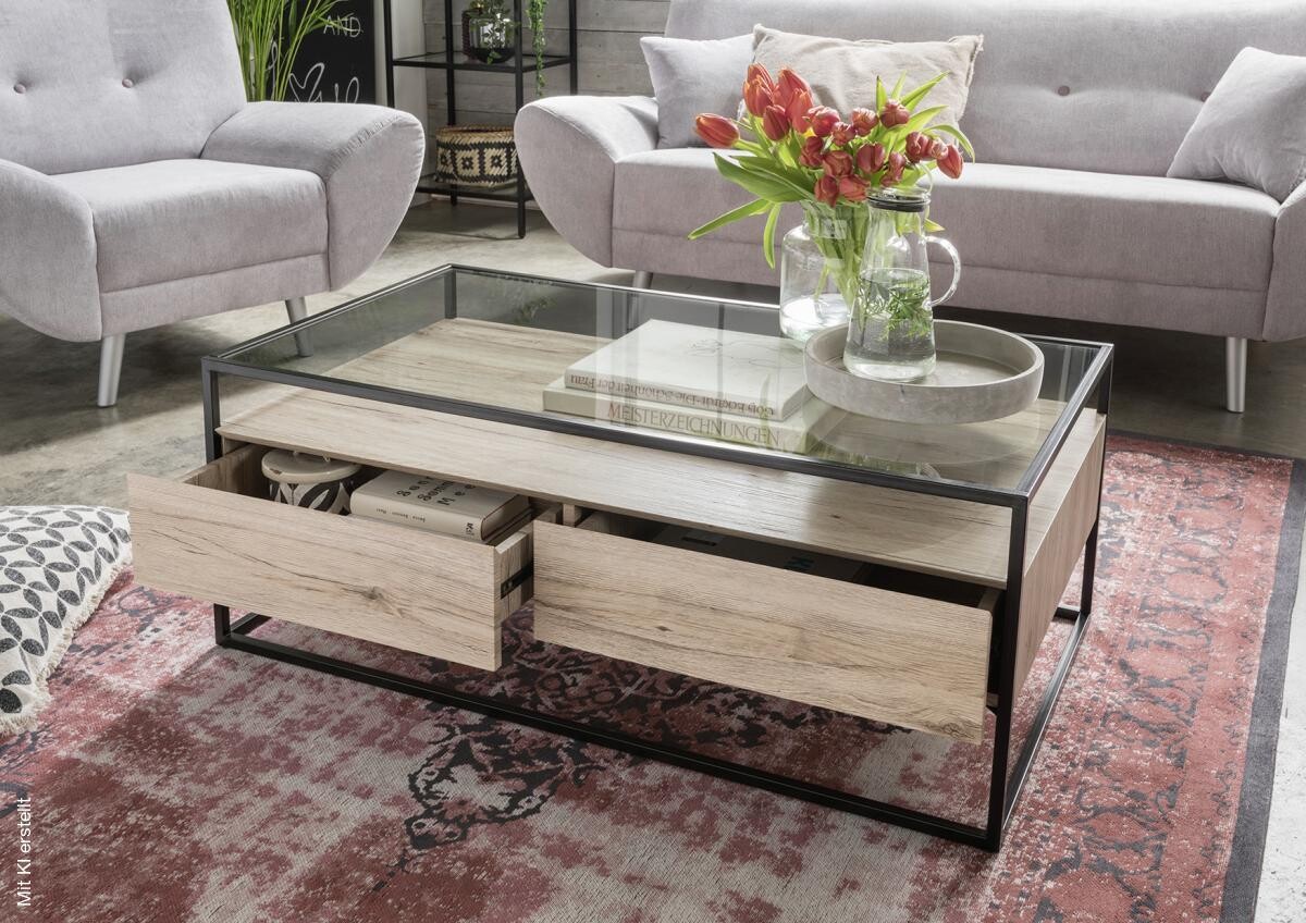 Couchtisch Bozen II glasklar Eiche Sonoma Nachbildung schwarz B/H/T: ca. 110x42x60 cm