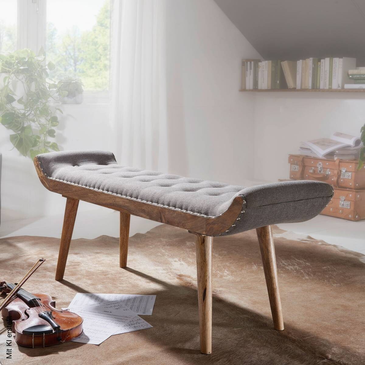 Wohnling Sitzbank grau natur Stoff Echtholz B/H/T: ca. 125x51x38 cm