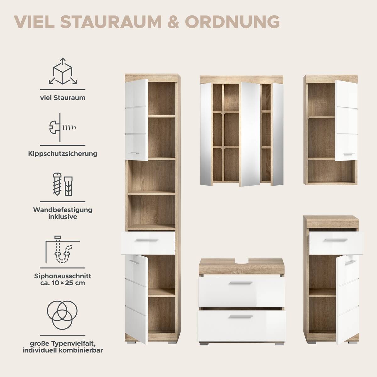 Badezimmer-Set Lambada Eiche Sonoma Nachbildung weiß Hochglanz B/H/T: ca. 164x191x37 cm