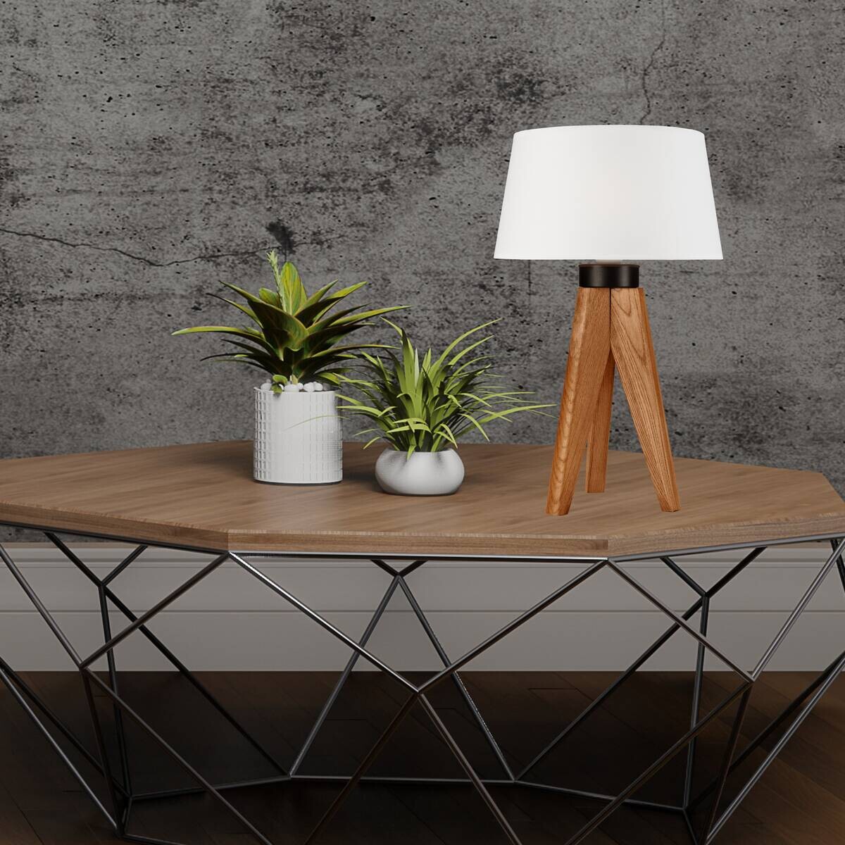 Lamkur Tischlampe Eiche rustikal Holz Stahl B/H/L: ca. 34x38x38 cm E27 1 Brennstellen